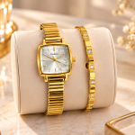 Ceshdun Women’s Gold-Tone Rectangular White-Dial Watch and Stone-Set Bracelet Gift Set
