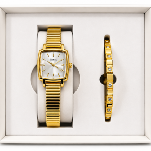 Ceshdun Women’s Gold-Tone Rectangular White-Dial Watch and Stone-Set Bracelet Gift Set MS Department Store Oman
