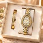 Ceshdun Women’s Two-Tone Stone-Set Teardrop Watch and Gold-Tone Bangle Set