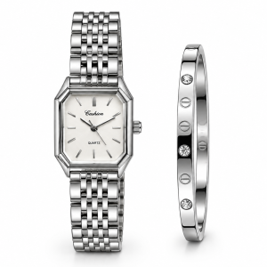 Ceshdun Women’s Silver-Tone Rectangular Quartz Watch and Stone-Set Bangle Set MS Department Store Oman