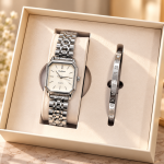 Ceshdun Women’s Silver-Tone Rectangular Quartz Watch and Stone-Set Bangle Set