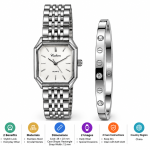 Ceshdun Women’s Silver-Tone Rectangular Quartz Watch and Stone-Set Bangle Set