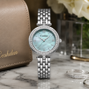 Ceshdun Silver-Tone Women’S Round Wristwatch & Bracelet Set With Blue Dial & Crystal Bezel MS Department Store Oman