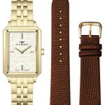Ferro Women's Interchangeable Rectangular Gold Stainless Steel Watch with Brown Leather Strap – White Dial MS Department Store Oman