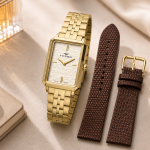 Ferro Women's Interchangeable Rectangular Gold Stainless Steel Watch with Brown Leather Strap – White Dial MS Department Store Oman
