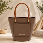 ANGEL POLO Taupe Brown Leatherette Bucket Tote Bag with Cognac Handles
