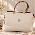 Sat Fat Women's Cream & Tan Brown Double Handle Handbag with Gold-Tone Details