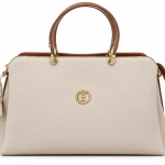 Sat Fat Women's Cream & Tan Brown Double Handle Handbag with Gold-Tone Details