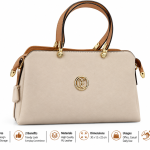 Sat Fat Women's Cream & Tan Brown Double Handle Handbag with Gold-Tone Details