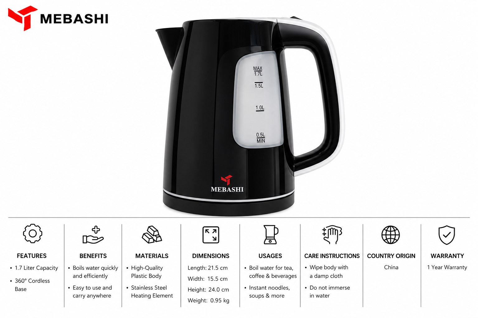 Mebashi Cordless Steel Kettle (1.7L; Black) MS Department Store Oman