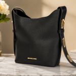 MICHAEL KORS Black Pebbled Leather Bucket Shoulder Bag with Gold Hardware