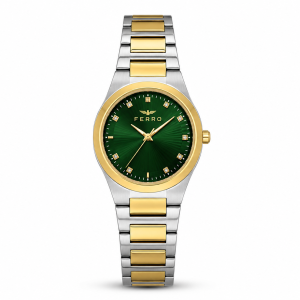 Ferro Women’s Two-Tone Stainless Steel Watch with Green Dial & Crystal Hour Markers MS Department Store Oman