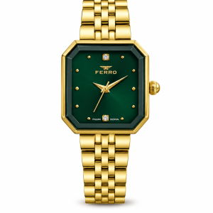 Ferro Green Dial Octagonal Watch with Gold-Tone Metal Bracelet and Crystal Accents MS Department Store Oman