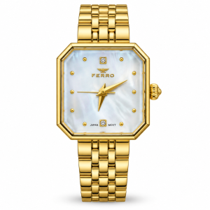 Ferro White Mother-of-Pearl Dial Octagonal Watch with Gold-Tone Bracelet and Crystal Accents MS Department Store Oman