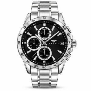 Ferro Black Dial Chronograph Watch with Date Display and Silver-Tone Metal Bracelet MS Department Store Oman