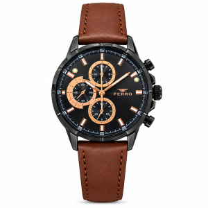 Ferro Black Dial Chronograph Watch with Brown Leather Strap and Rose Gold Accents MS Department Store Oman