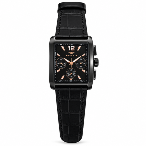 Ferro Men’s Black Square Chronograph Watch with Rose Gold Dial & Leather Strap MS Department Store Oman