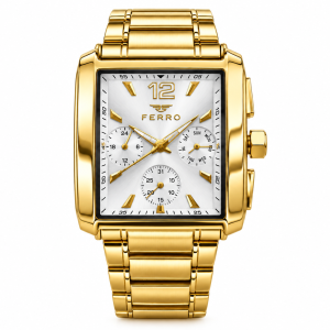 Ferro Gold-Tone Rectangular Multifunction Watch with White Dial and Metal Bracelet MS Department Store Oman