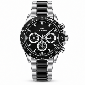 Ferro Black Dial Chronograph Watch with Two-Tone Metal Bracelet MS Department Store Oman