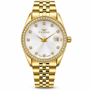 Ferro White Mother-of-Pearl Dial Watch with Crystal-Accent Bezel, Date Display and Gold-Tone Bracelet MS Department Store Oman