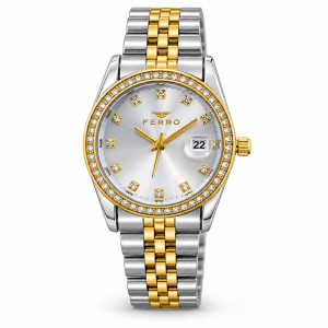 Ferro Silver Dial Watch with Crystal-Accent Bezel, Date Display and Two-Tone Metal Bracelet MS Department Store Oman