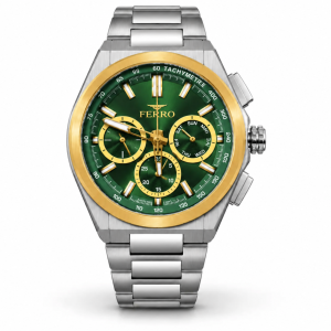 Ferro Ferro Men’s Green Dial Multifunction Watch with Silver Stainless Steel Bracelet and Gold-Tone Bezel