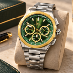 Ferro Ferro Men’s Green Dial Multifunction Watch with Silver Stainless Steel Bracelet and Gold-Tone Bezel