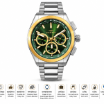 Ferro Ferro Men’s Green Dial Multifunction Watch with Silver Stainless Steel Bracelet and Gold-Tone Bezel
