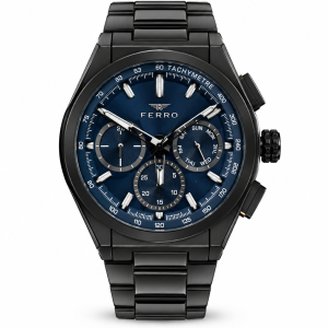 Ferro Blue Dial Multifunction Watch with Tachymeter Scale and Black Metal Bracelet MS Department Store Oman