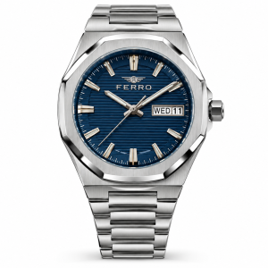 Ferro Blue Dial Day-Date Watch with Silver-Tone Metal Bracelet MS Department Store Oman