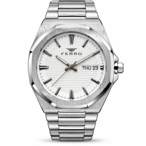 Ferro White Dial Day-Date Watch with Silver-Tone Metal Bracelet MS Department Store Oman
