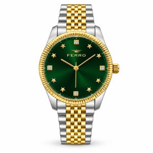 Ferro Green Dial Watch with Gold-Tone Fluted Bezel and Two-Tone Metal Bracelet MS Department Store Oman
