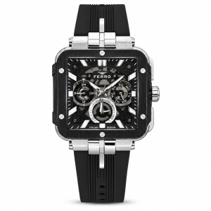 Ferro Square Skeleton Dial Multifunction Watch with Black Strap MS Department Store Oman