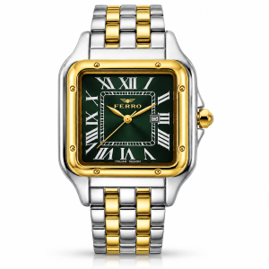 Ferro Green Dial Square Watch with Roman Numerals, Date Display and Two-Tone Metal Bracelet MS Department Store Oman