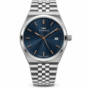 Ferro Men’s Silver Stainless Steel Watch with Blue Dial & Date Display MS Department Store Oman