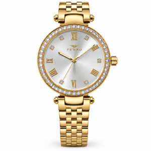 Ferro White Dial Watch with Roman Numerals, Crystal-Accent Bezel and Gold-Tone Bracelet MS Department Store Oman