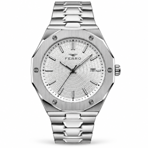 Ferro Silver-Tone Watch with Textured White Dial, Octagonal Bezel and Date Display MS Department Store Oman