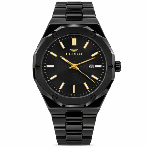Ferro Black Dial Watch with Gold-Tone Markers and Black Metal Bracelet MS Department Store Oman