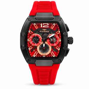 Ferro Red Skeleton Dial Multifunction Watch with Black Tonneau Case and Red Strap MS Department Store Oman