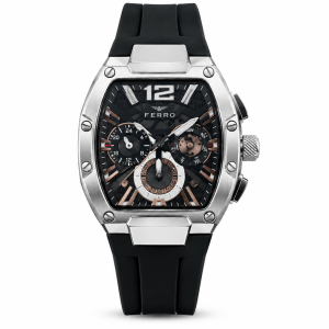 Ferro Women’s Silver Tonneau Chronograph Watch with Black Silicone Strap – Black Dial MS Department Store Oman