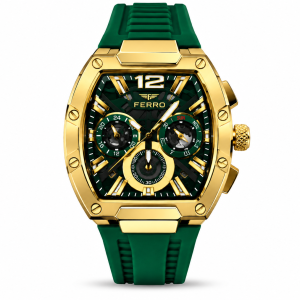 Ferro Green Skeleton Dial Multifunction Watch with Gold-Tone Tonneau Case and Green Strap MS Department Store Oman