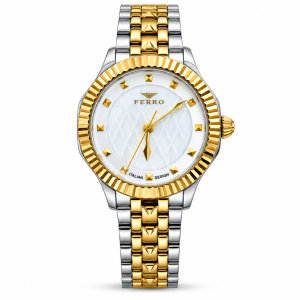Ferro White Textured Dial Watch with Gold-Tone Fluted Bezel and Two-Tone Metal Bracelet MS Department Store Oman