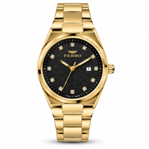 Ferro Men’s Black Dial Gold-Tone Stainless Steel Watch with Crystal Hour Markers