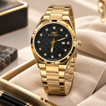 Ferro Men’s Black Dial Gold-Tone Stainless Steel Watch with Crystal Hour Markers