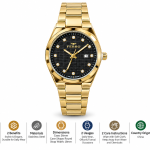 Ferro Men’s Black Dial Gold-Tone Stainless Steel Watch with Crystal Hour Markers