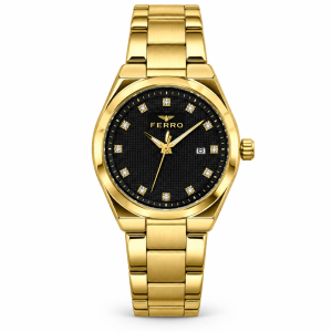 Ferro Gold-Tone Watch with Black Dial, Crystal-Accent Markers and Date Display MS Department Store Oman