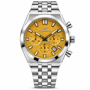 Ferro Yellow Dial Chronograph Watch with Silver-Tone Metal Bracelet MS Department Store Oman