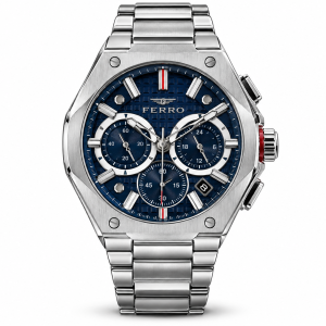 Ferro Blue Dial Chronograph Watch with Silver-Tone Metal Bracelet MS Department Store Oman