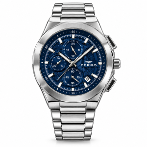 Ferro Blue Textured Dial Chronograph Watch with Date Display and Silver-Tone Metal Bracelet MS Department Store Oman
