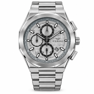 Ferro White Textured Dial Chronograph Watch with Date Display and Silver-Tone Metal Bracelet MS Department Store Oman